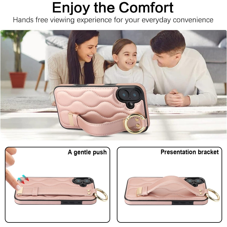For iPhone 16 Plus Non-slip Full Coverage Ring PU Phone Case with Wristband
