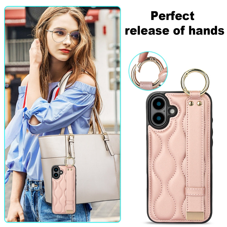 For iPhone 16 Plus Non-slip Full Coverage Ring PU Phone Case with Wristband