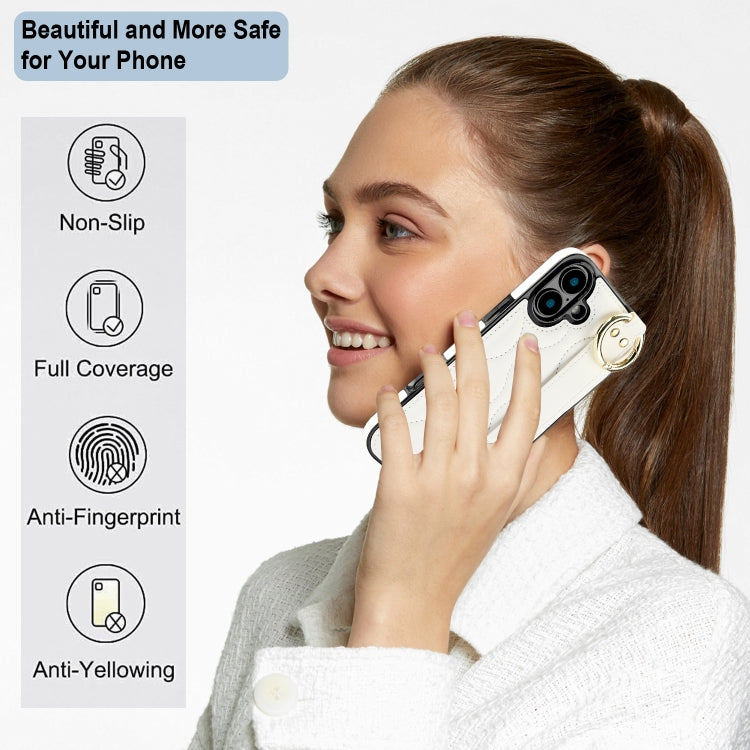 For iPhone 16 Plus Non-slip Full Coverage Ring PU Phone Case with Wristband