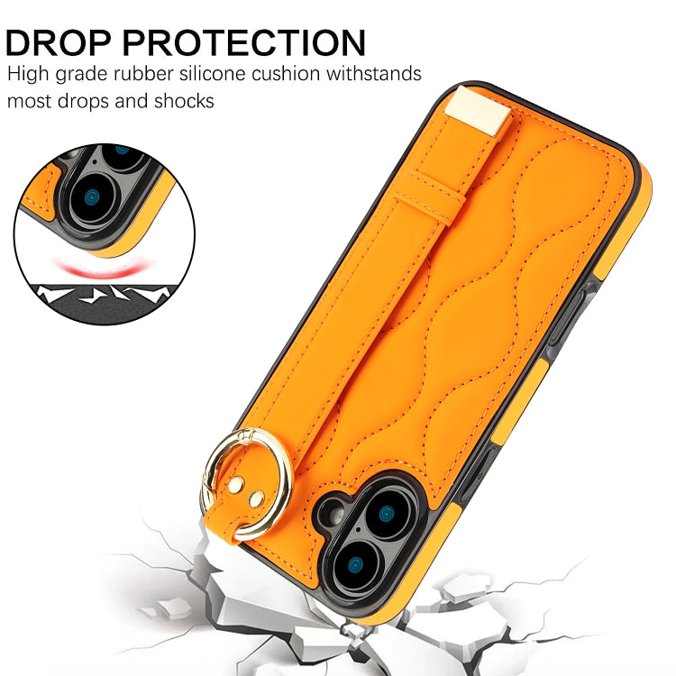 For iPhone 16 Plus Non-slip Full Coverage Ring PU Phone Case with Wristband