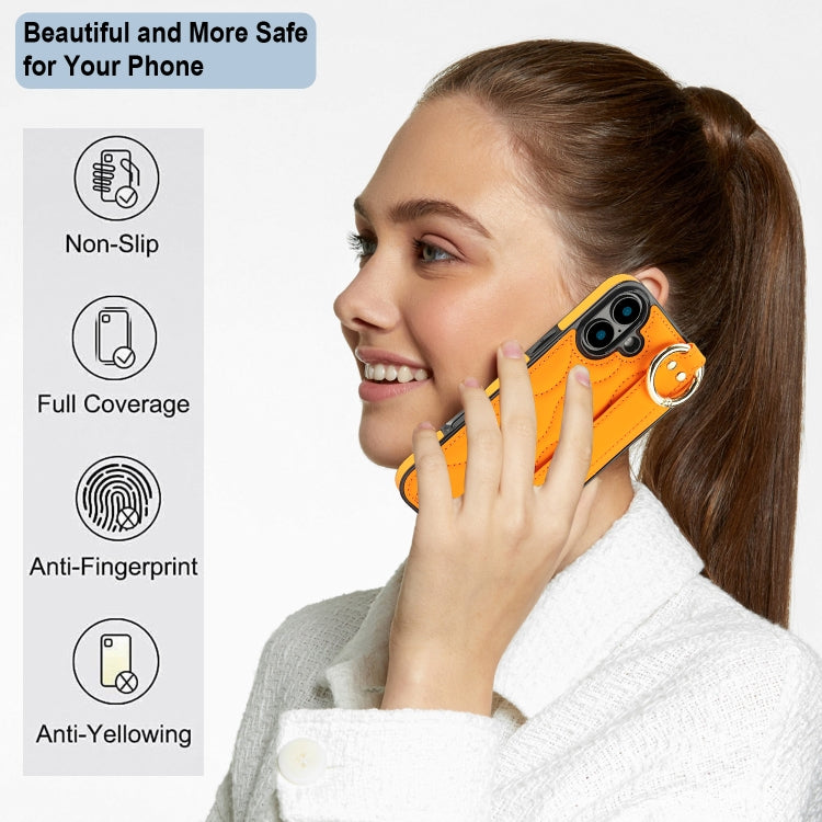 For iPhone 16 Plus Non-slip Full Coverage Ring PU Phone Case with Wristband