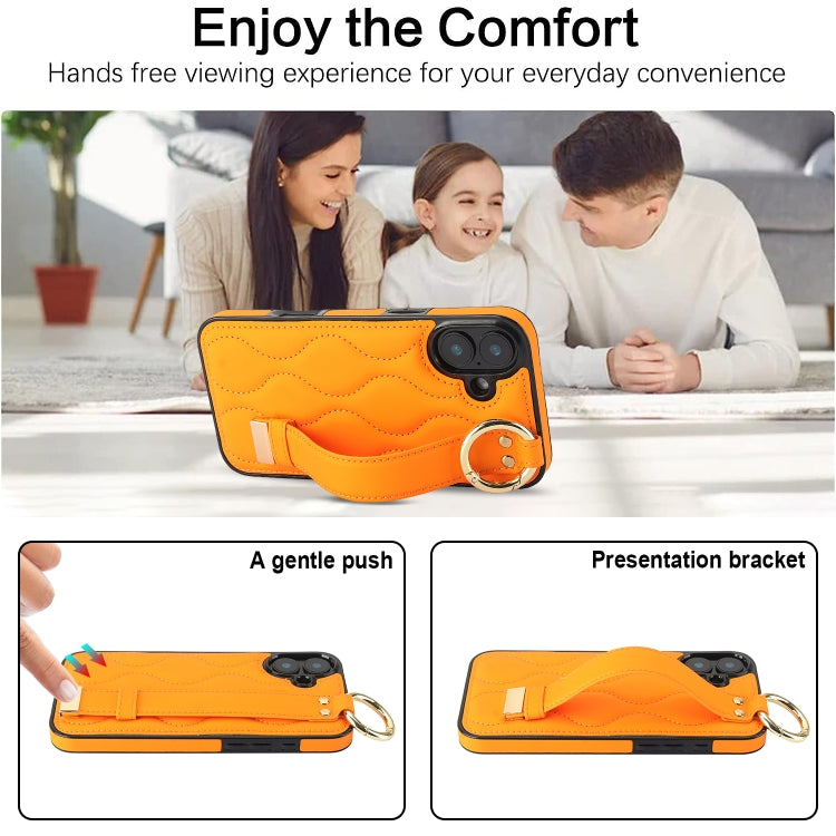 For iPhone 16 Plus Non-slip Full Coverage Ring PU Phone Case with Wristband