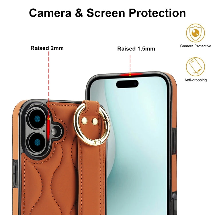 For iPhone 16 Plus Non-slip Full Coverage Ring PU Phone Case with Wristband