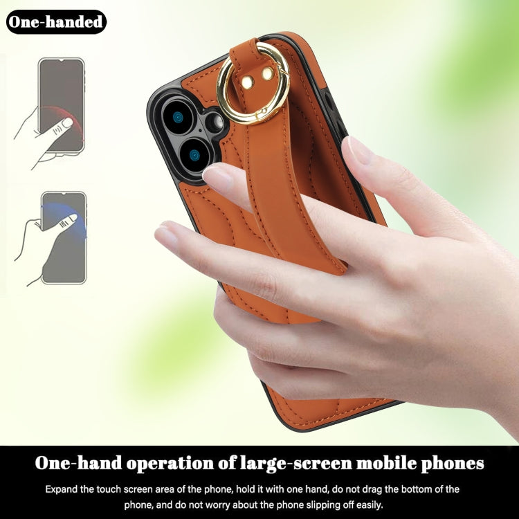 For iPhone 16 Plus Non-slip Full Coverage Ring PU Phone Case with Wristband