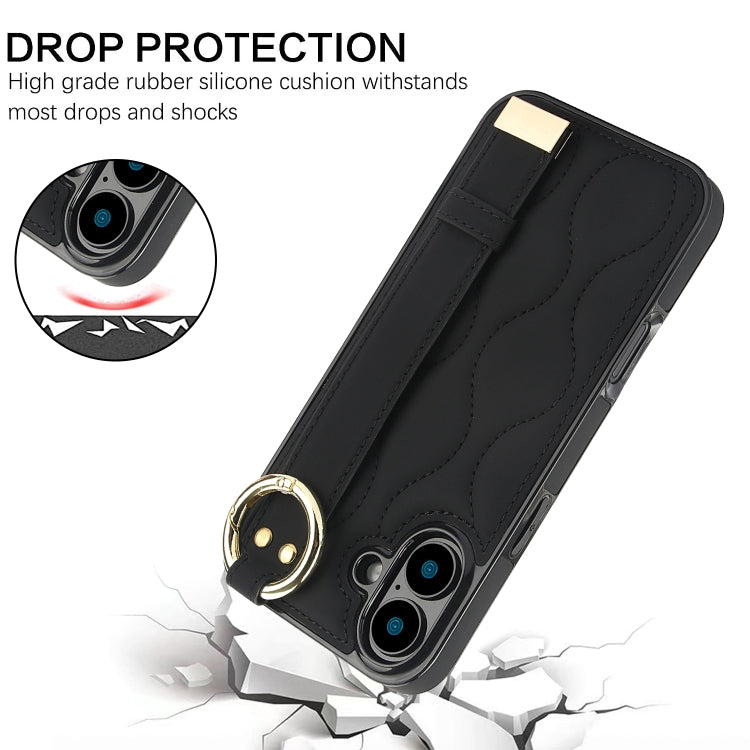 For iPhone 16 Non-slip Full Coverage Ring PU Phone Case with Wristband
