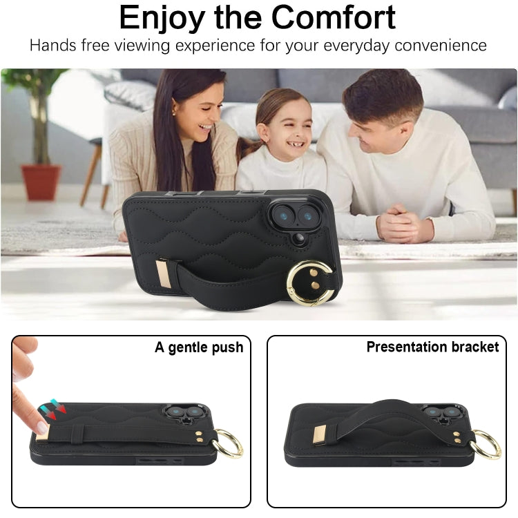 For iPhone 16 Non-slip Full Coverage Ring PU Phone Case with Wristband