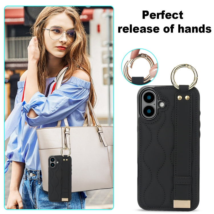 For iPhone 16 Non-slip Full Coverage Ring PU Phone Case with Wristband