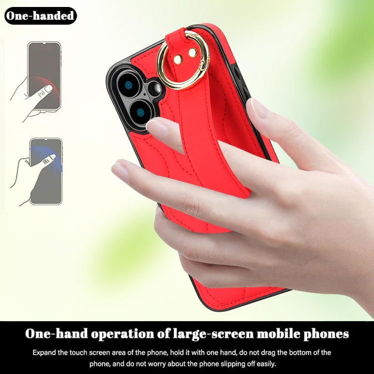 For iPhone 16 Non-slip Full Coverage Ring PU Phone Case with Wristband