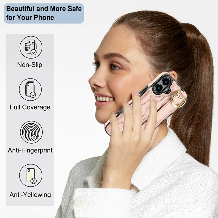 For iPhone 16 Non-slip Full Coverage Ring PU Phone Case with Wristband