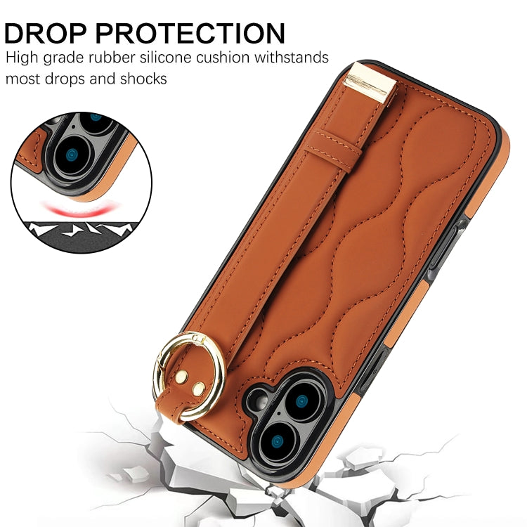 For iPhone 16 Non-slip Full Coverage Ring PU Phone Case with Wristband