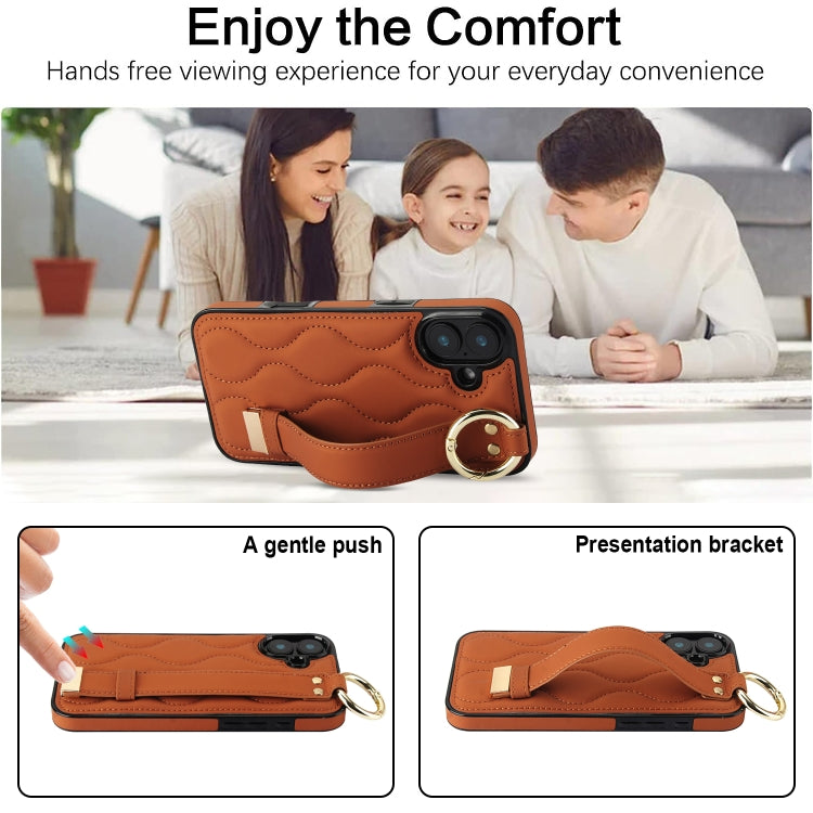 For iPhone 16 Non-slip Full Coverage Ring PU Phone Case with Wristband
