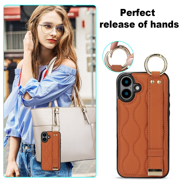 For iPhone 16 Non-slip Full Coverage Ring PU Phone Case with Wristband