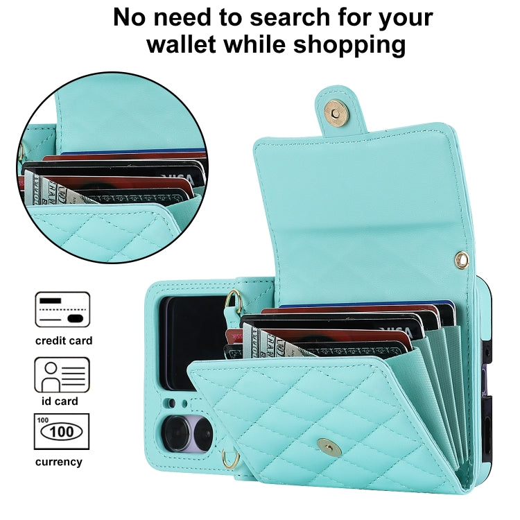 For OPPO Find N2 Flip Rhombic Texture Card Bag PU Phone Case with Long Lanyard
