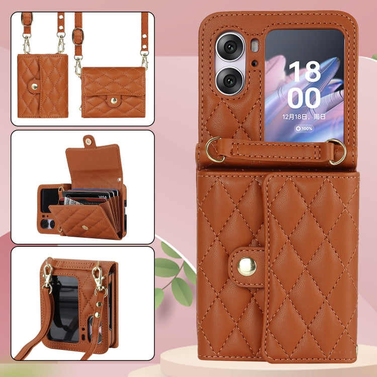 For OPPO Find N2 Flip Rhombic Texture Card Bag PU Phone Case with Long Lanyard