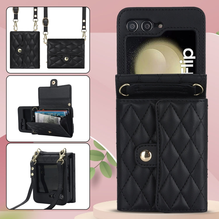 For Samsung Galaxy Z Flip7 FE / Flip6 Rhombic Texture Card Bag PU Phone Case with Long Lanyard