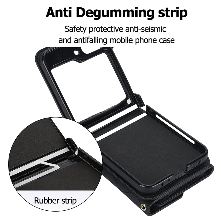 For Samsung Galaxy Z Flip7 FE / Flip6 Rhombic Texture Card Bag PU Phone Case with Long Lanyard