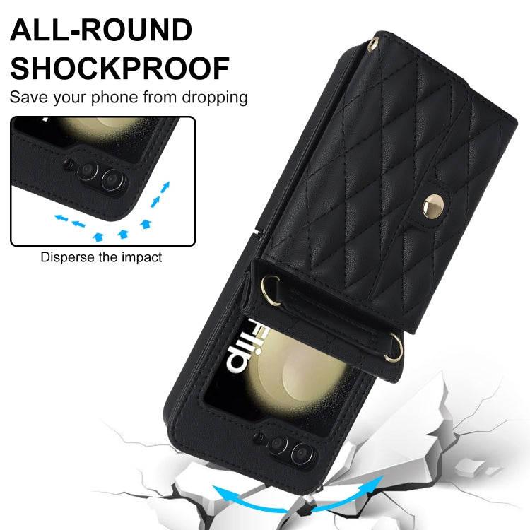 For Samsung Galaxy Z Flip7 FE / Flip6 Rhombic Texture Card Bag PU Phone Case with Long Lanyard