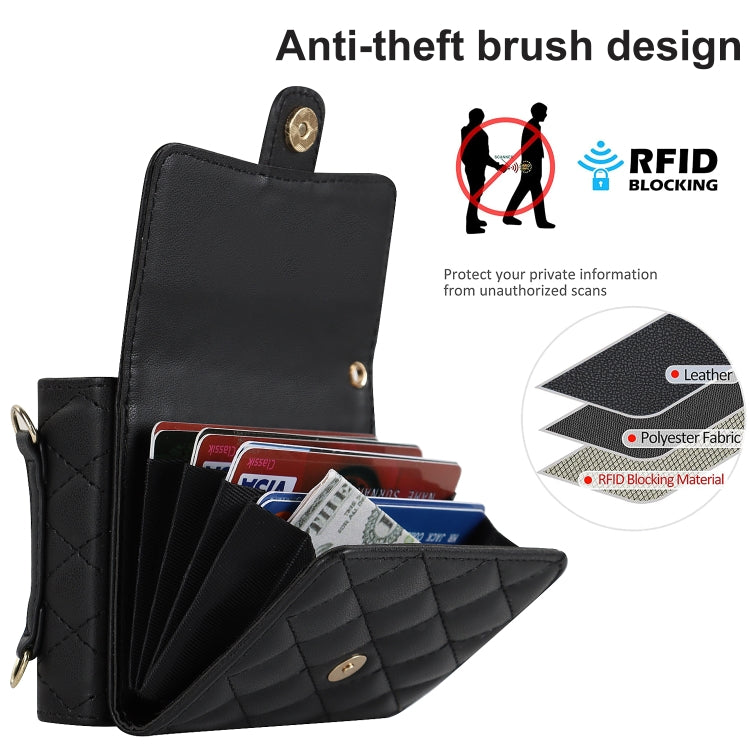 For Samsung Galaxy Z Flip7 FE / Flip6 Rhombic Texture Card Bag PU Phone Case with Long Lanyard