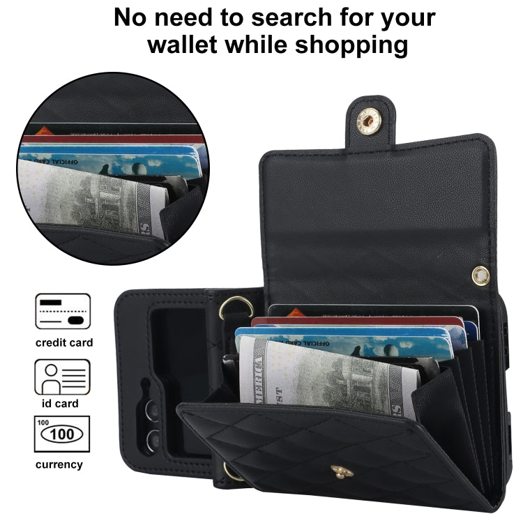 For Samsung Galaxy Z Flip7 FE / Flip6 Rhombic Texture Card Bag PU Phone Case with Long Lanyard