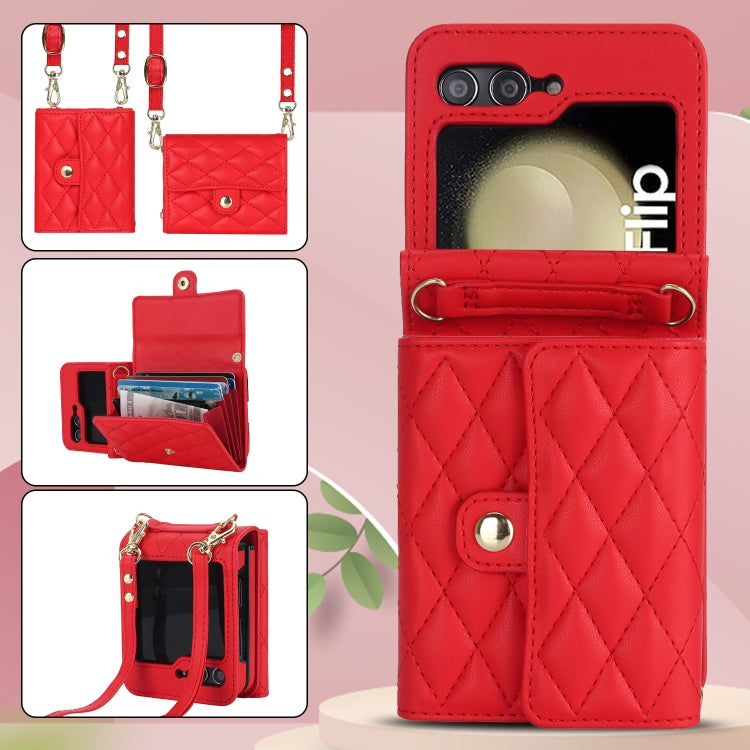 For Samsung Galaxy Z Flip7 FE / Flip6 Rhombic Texture Card Bag PU Phone Case with Long Lanyard