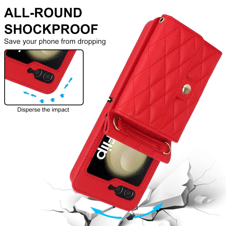 For Samsung Galaxy Z Flip7 FE / Flip6 Rhombic Texture Card Bag PU Phone Case with Long Lanyard