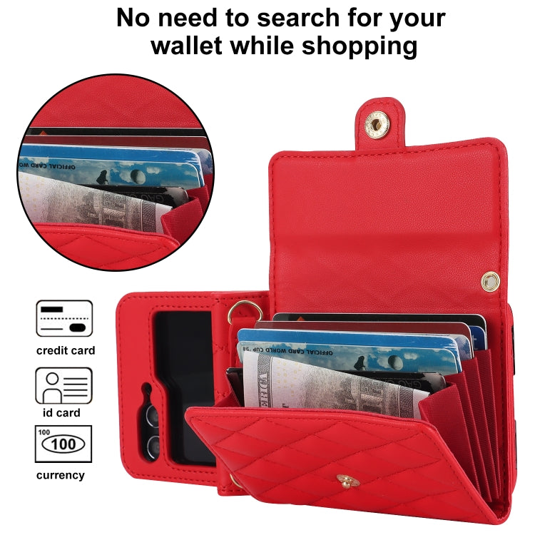 For Samsung Galaxy Z Flip7 FE / Flip6 Rhombic Texture Card Bag PU Phone Case with Long Lanyard