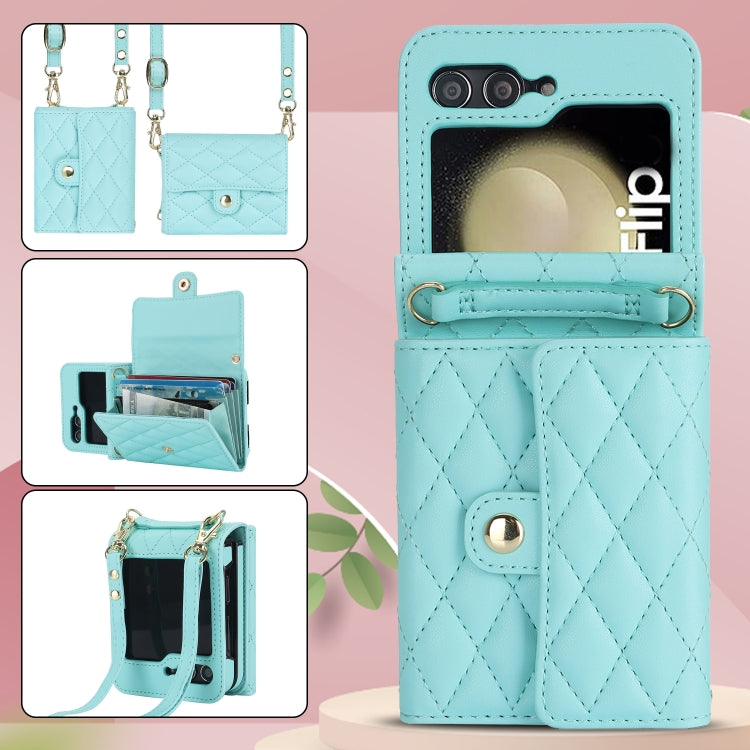 For Samsung Galaxy Z Flip7 FE / Flip6 Rhombic Texture Card Bag PU Phone Case with Long Lanyard