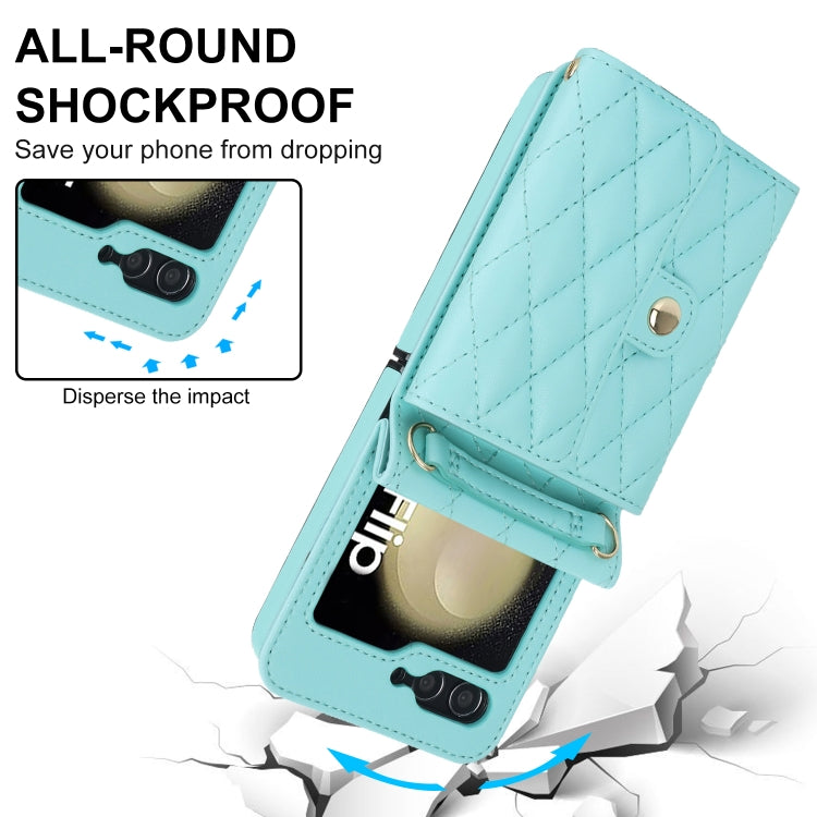 For Samsung Galaxy Z Flip7 FE / Flip6 Rhombic Texture Card Bag PU Phone Case with Long Lanyard