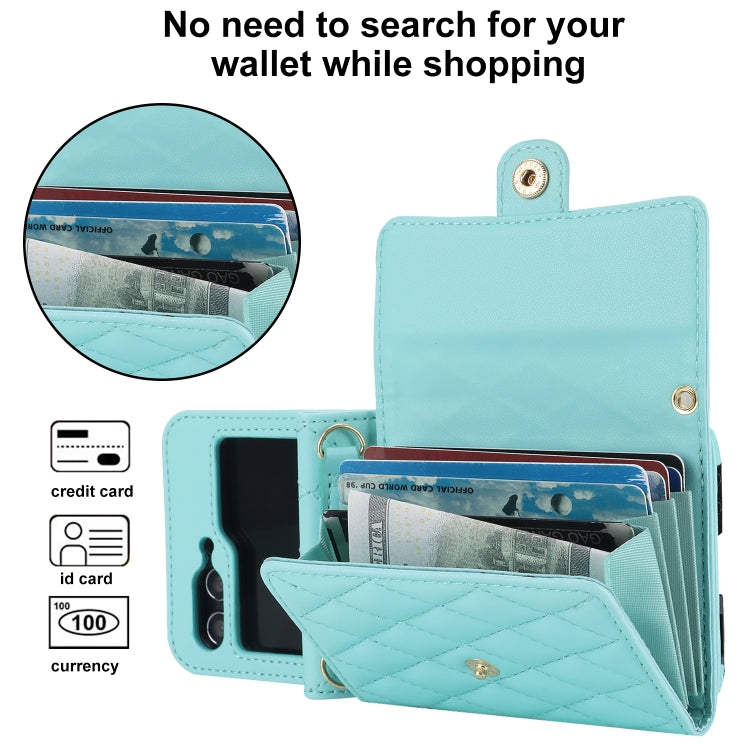 For Samsung Galaxy Z Flip7 FE / Flip6 Rhombic Texture Card Bag PU Phone Case with Long Lanyard