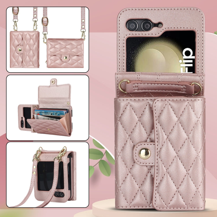 For Samsung Galaxy Z Flip7 FE / Flip6 Rhombic Texture Card Bag PU Phone Case with Long Lanyard