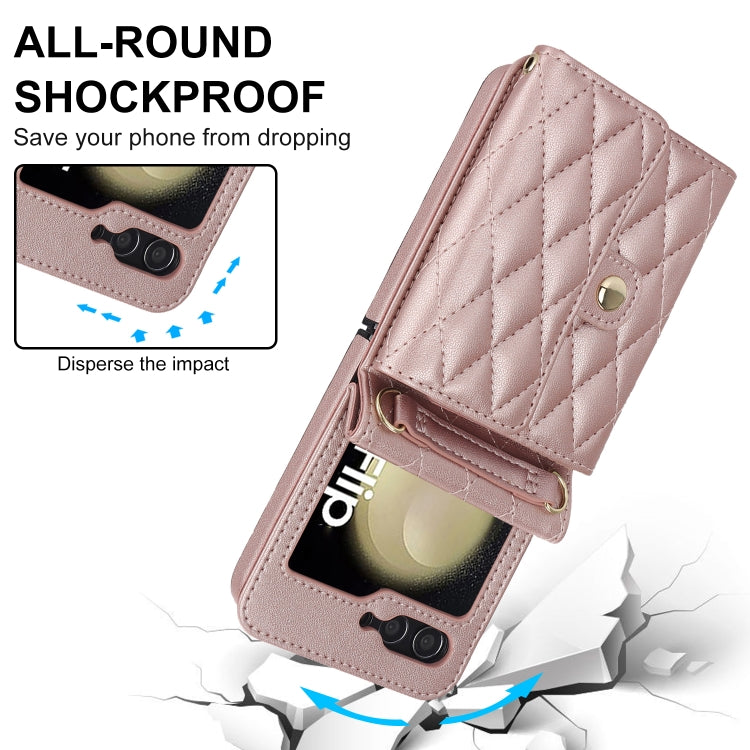 For Samsung Galaxy Z Flip7 FE / Flip6 Rhombic Texture Card Bag PU Phone Case with Long Lanyard