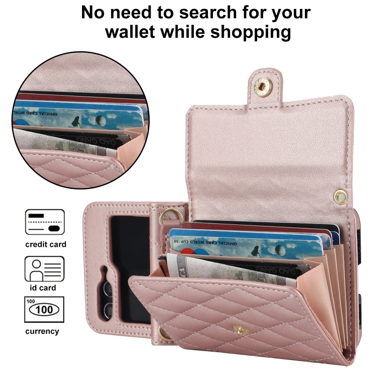 For Samsung Galaxy Z Flip7 FE / Flip6 Rhombic Texture Card Bag PU Phone Case with Long Lanyard