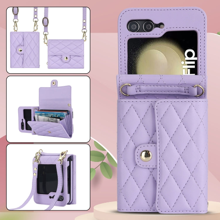 For Samsung Galaxy Z Flip7 FE / Flip6 Rhombic Texture Card Bag PU Phone Case with Long Lanyard