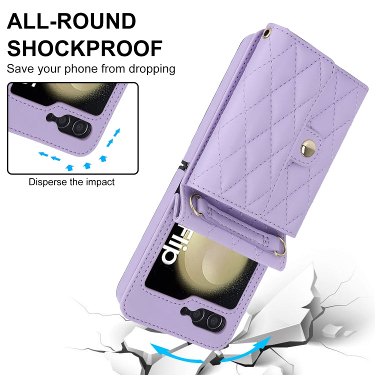For Samsung Galaxy Z Flip7 FE / Flip6 Rhombic Texture Card Bag PU Phone Case with Long Lanyard