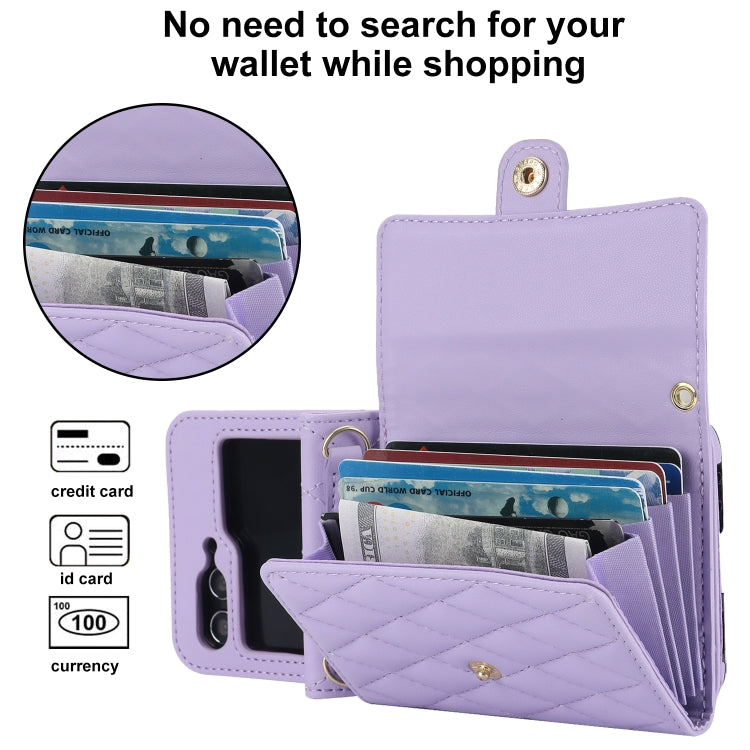 For Samsung Galaxy Z Flip7 FE / Flip6 Rhombic Texture Card Bag PU Phone Case with Long Lanyard