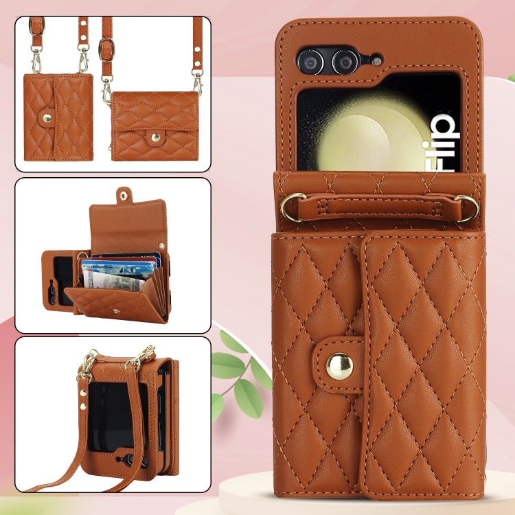 For Samsung Galaxy Z Flip7 FE / Flip6 Rhombic Texture Card Bag PU Phone Case with Long Lanyard