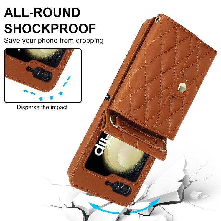 For Samsung Galaxy Z Flip7 FE / Flip6 Rhombic Texture Card Bag PU Phone Case with Long Lanyard
