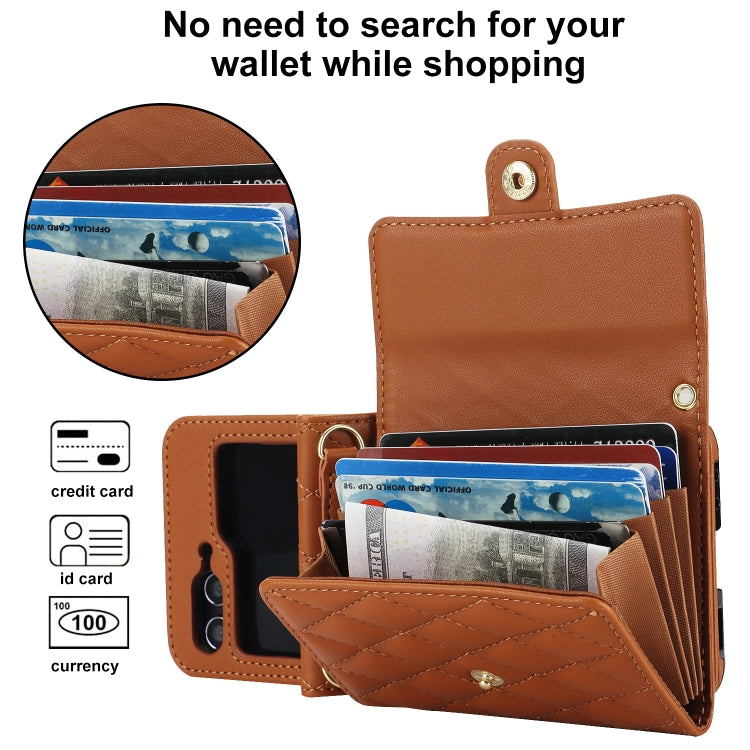 For Samsung Galaxy Z Flip7 FE / Flip6 Rhombic Texture Card Bag PU Phone Case with Long Lanyard