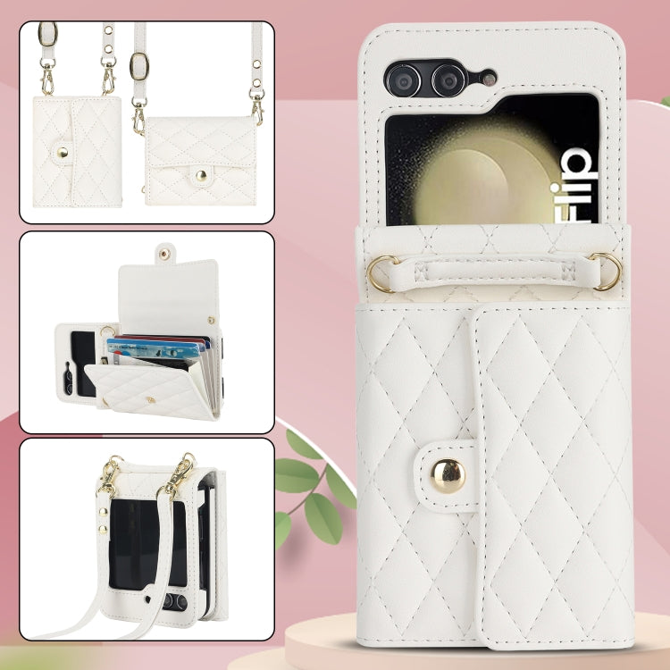 For Samsung Galaxy Z Flip7 FE / Flip6 Rhombic Texture Card Bag PU Phone Case with Long Lanyard