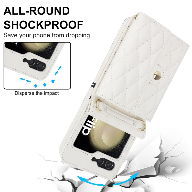 For Samsung Galaxy Z Flip7 FE / Flip6 Rhombic Texture Card Bag PU Phone Case with Long Lanyard