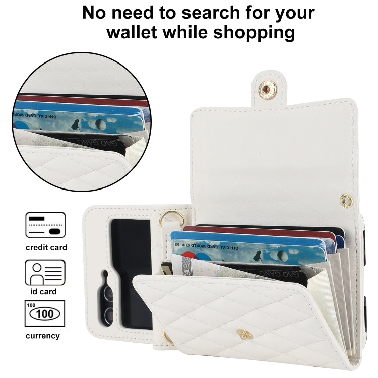 For Samsung Galaxy Z Flip7 FE / Flip6 Rhombic Texture Card Bag PU Phone Case with Long Lanyard