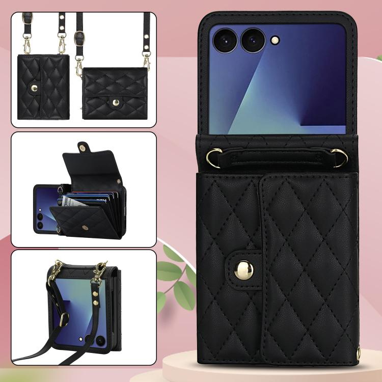 For Samsung Galaxy Z Flip7 5G Rhombic Texture Card Bag PU Phone Case with Long Lanyard