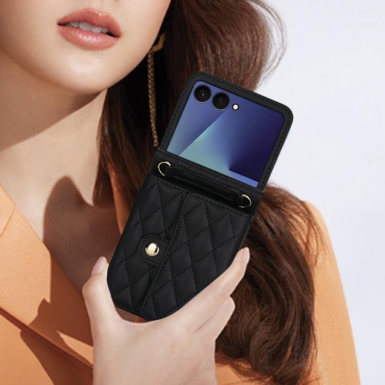 For Samsung Galaxy Z Flip7 5G Rhombic Texture Card Bag PU Phone Case with Long Lanyard