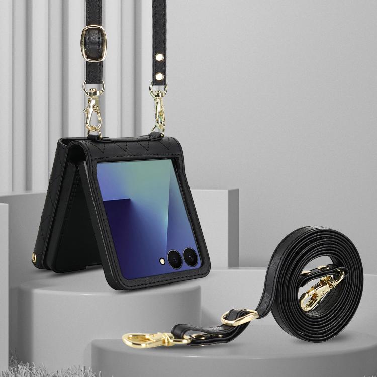 For Samsung Galaxy Z Flip7 5G Rhombic Texture Card Bag PU Phone Case with Long Lanyard