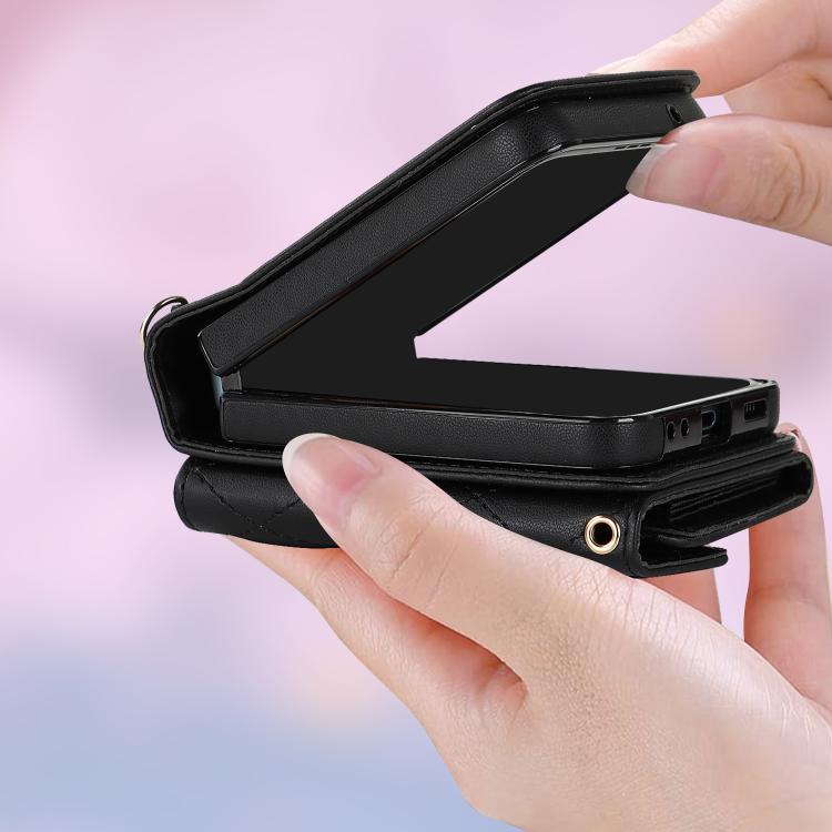 For Samsung Galaxy Z Flip7 5G Rhombic Texture Card Bag PU Phone Case with Long Lanyard