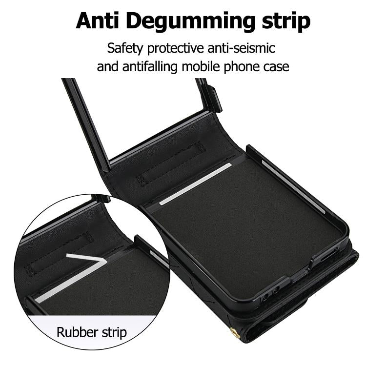 For Samsung Galaxy Z Flip7 5G Rhombic Texture Card Bag PU Phone Case with Long Lanyard