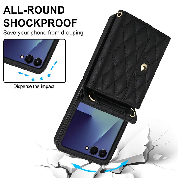 For Samsung Galaxy Z Flip7 5G Rhombic Texture Card Bag PU Phone Case with Long Lanyard