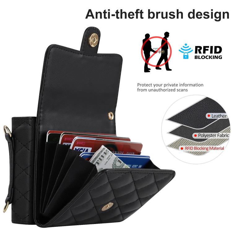 For Samsung Galaxy Z Flip7 5G Rhombic Texture Card Bag PU Phone Case with Long Lanyard