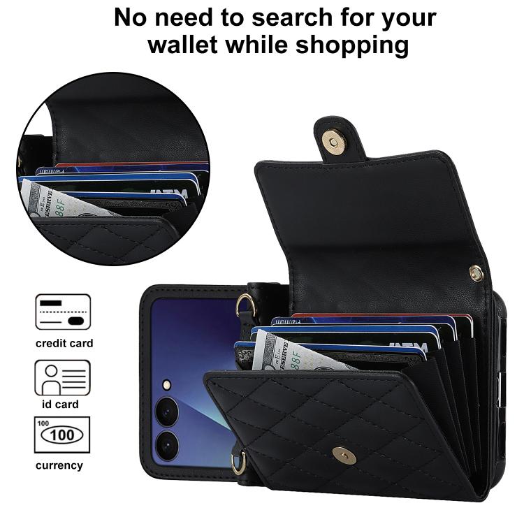 For Samsung Galaxy Z Flip7 5G Rhombic Texture Card Bag PU Phone Case with Long Lanyard