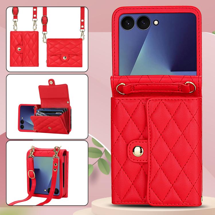 For Samsung Galaxy Z Flip7 5G Rhombic Texture Card Bag PU Phone Case with Long Lanyard